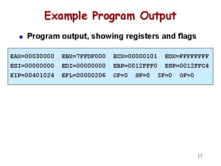 Example Program Output u Program output, showing registers and flags EAX=00030000 EBX=7 FFDF 000