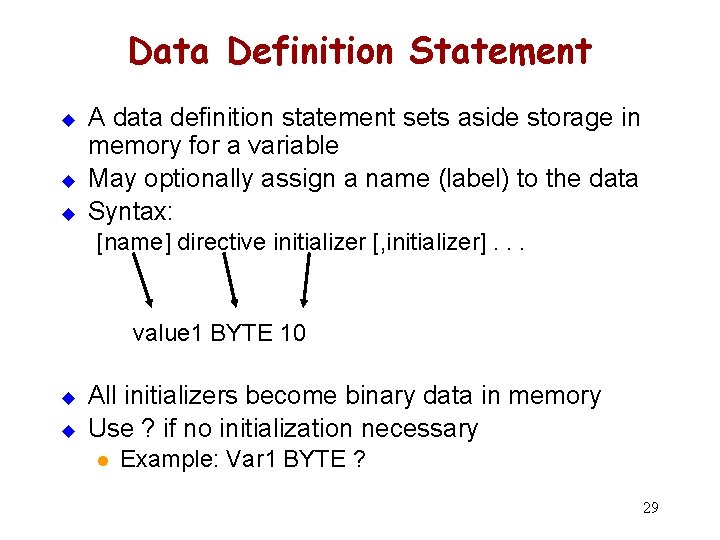 Data Definition Statement u u u A data definition statement sets aside storage in