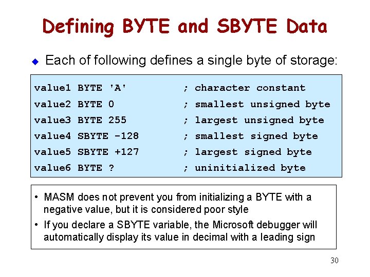 Defining BYTE and SBYTE Data u Each of following defines a single byte of