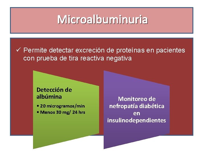 Microalbuminuria ü Permite detectar excreción de proteínas en pacientes con prueba de tira reactiva