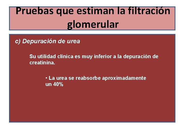 Pruebas que estiman la filtración glomerular c) Depuración de urea Su utilidad clínica es