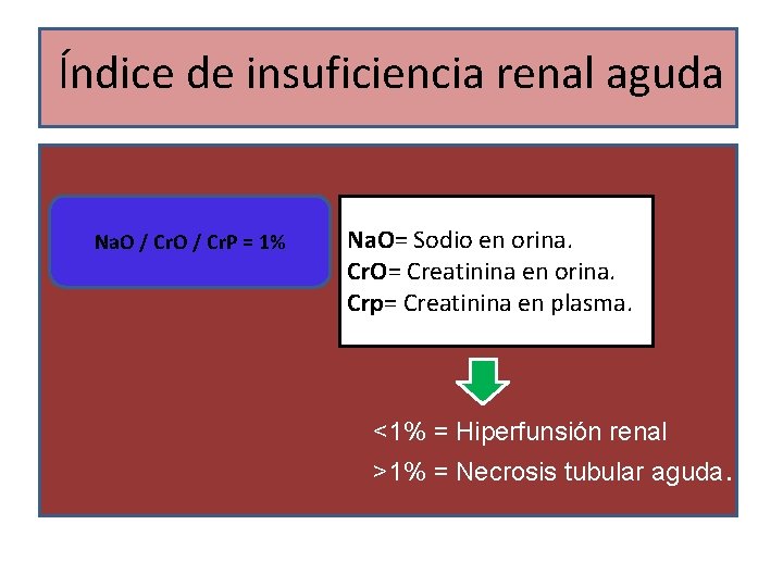 Índice de insuficiencia renal aguda Na. O / Cr. P = 1% Na. O=