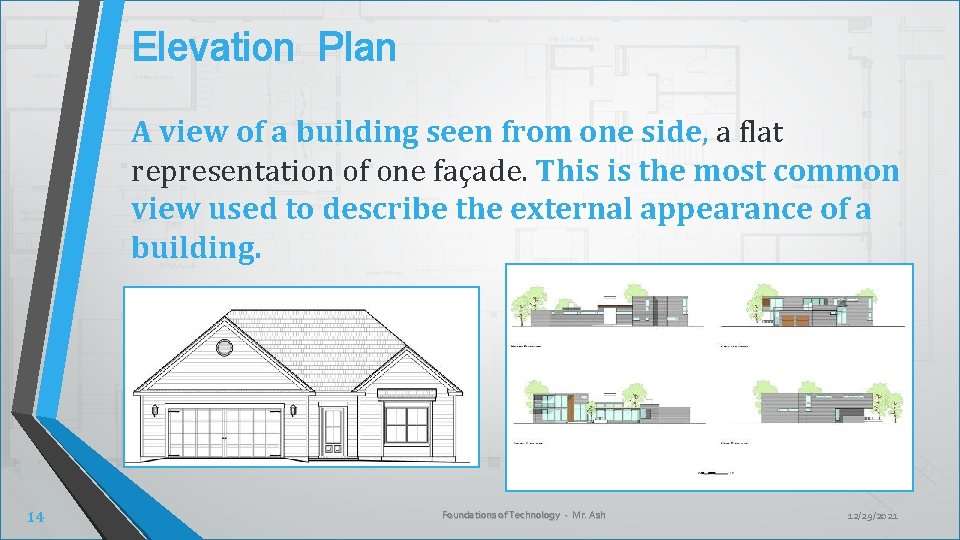Elevation Plan A view of a building seen from one side, a flat representation