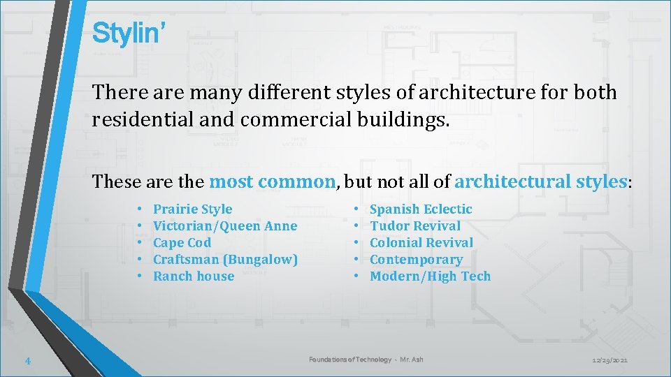 Stylin’ There are many different styles of architecture for both residential and commercial buildings.