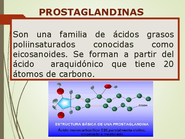 PROSTAGLANDINAS Son una familia de ácidos grasos poliinsaturados conocidas como eicosanoides. Se forman a
