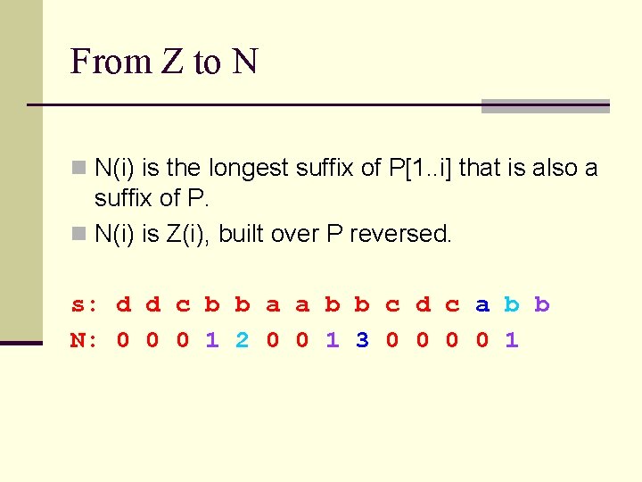 From Z to N n N(i) is the longest suffix of P[1. . i]