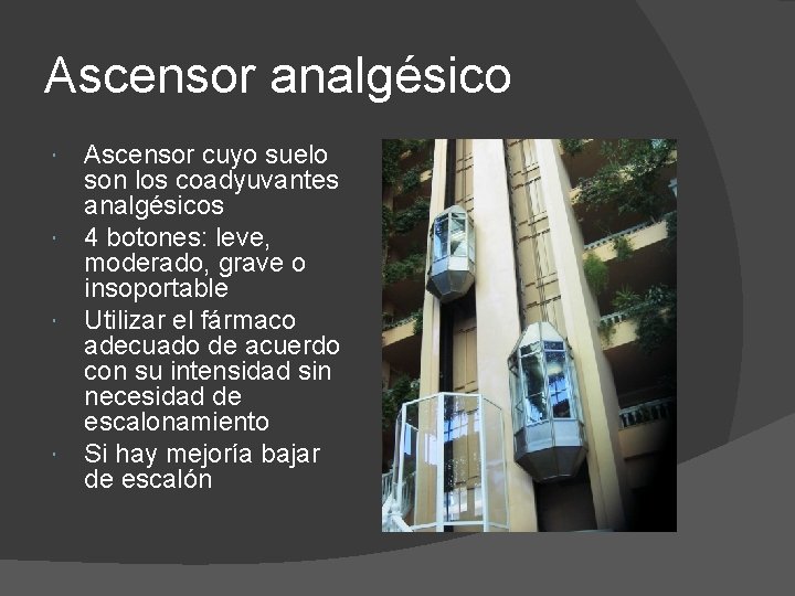 Ascensor analgésico Ascensor cuyo suelo son los coadyuvantes analgésicos 4 botones: leve, moderado, grave