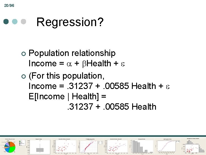 20/96 Regression? Population relationship Income = + Health + ¢ (For this population, Income