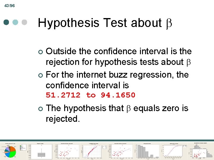 43/96 Hypothesis Test about Outside the confidence interval is the rejection for hypothesis tests