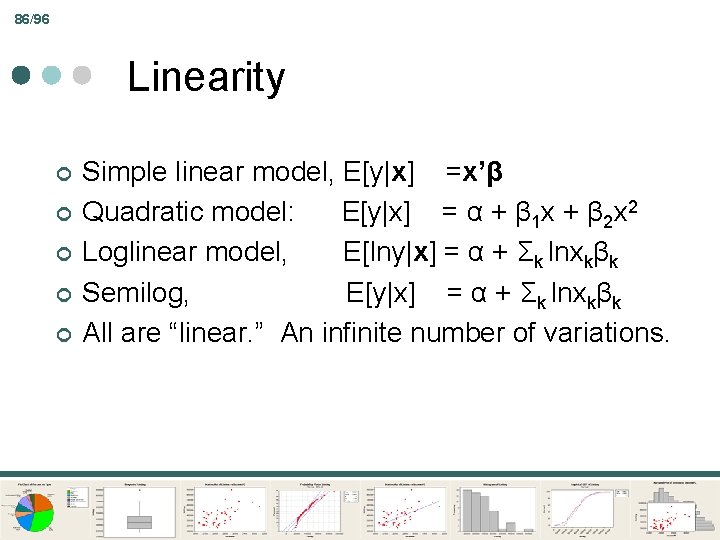 86/96 Linearity ¢ ¢ ¢ Simple linear model, E[y|x] =x’β Quadratic model: E[y|x] =