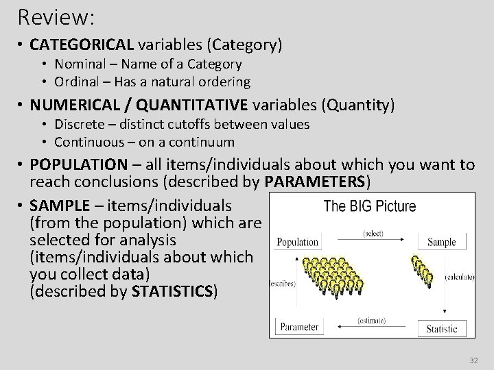 Review: • CATEGORICAL variables (Category) • Nominal – Name of a Category • Ordinal