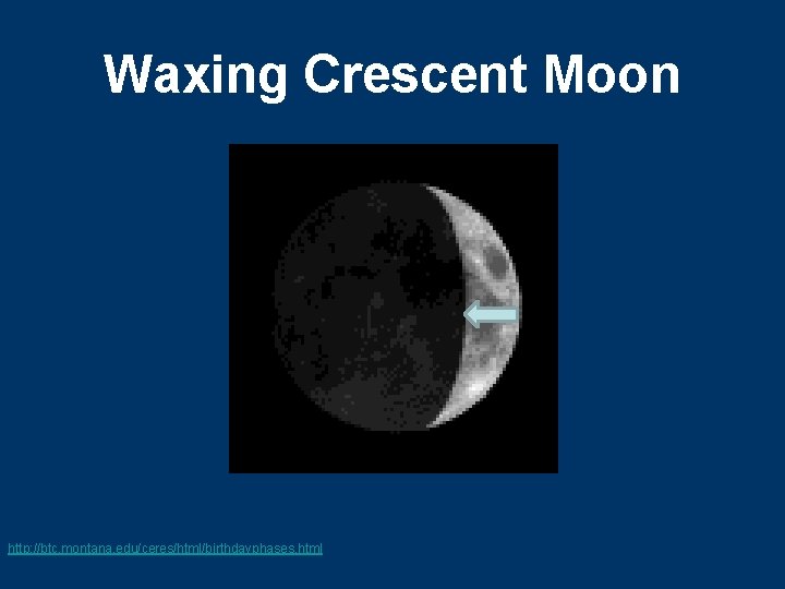 Waxing Crescent Moon http: //btc. montana. edu/ceres/html/birthdayphases. html 