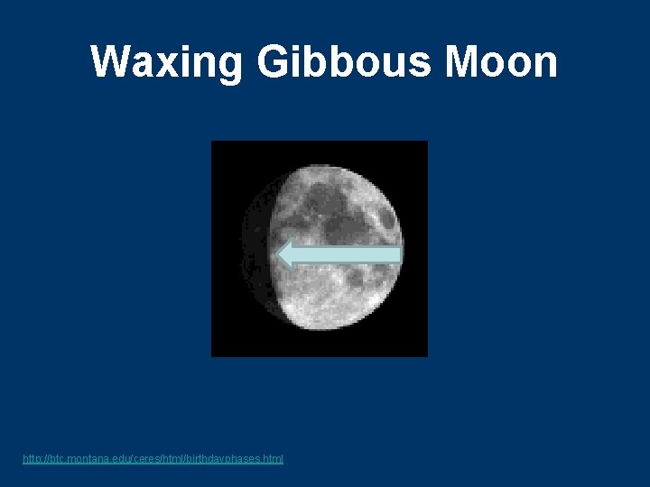 Waxing Gibbous Moon http: //btc. montana. edu/ceres/html/birthdayphases. html 