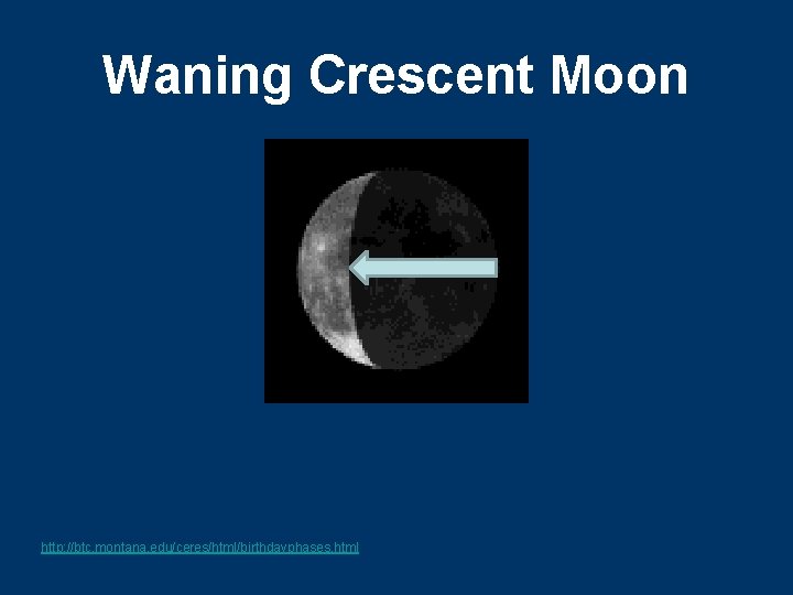 Waning Crescent Moon http: //btc. montana. edu/ceres/html/birthdayphases. html 