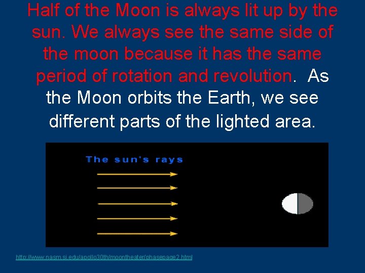 Half of the Moon is always lit up by the sun. We always see