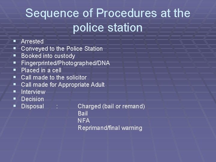Sequence of Procedures at the police station § § § § § Arrested Conveyed