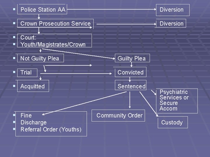 § Police Station AA Diversion § Crown Prosecution Service Diversion § § Court: Youth/Magistrates/Crown