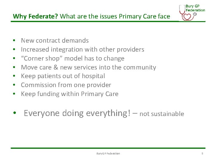 Why Federate? What are the issues Primary Care face • • New contract demands