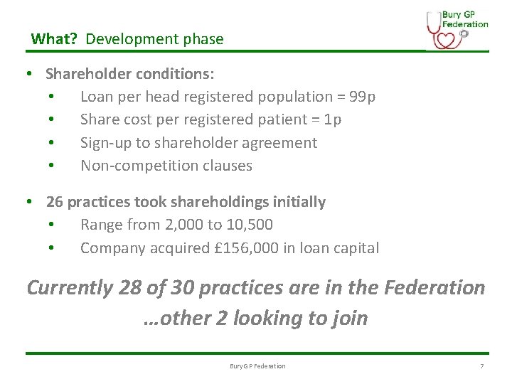 What? Development phase • Shareholder conditions: • Loan per head registered population = 99