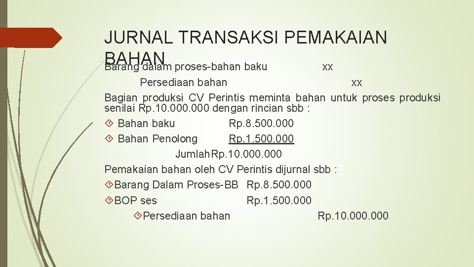 JURNAL TRANSAKSI PEMAKAIAN BAHAN Barang dalam proses-bahan baku xx Persediaan bahan xx Bagian produksi