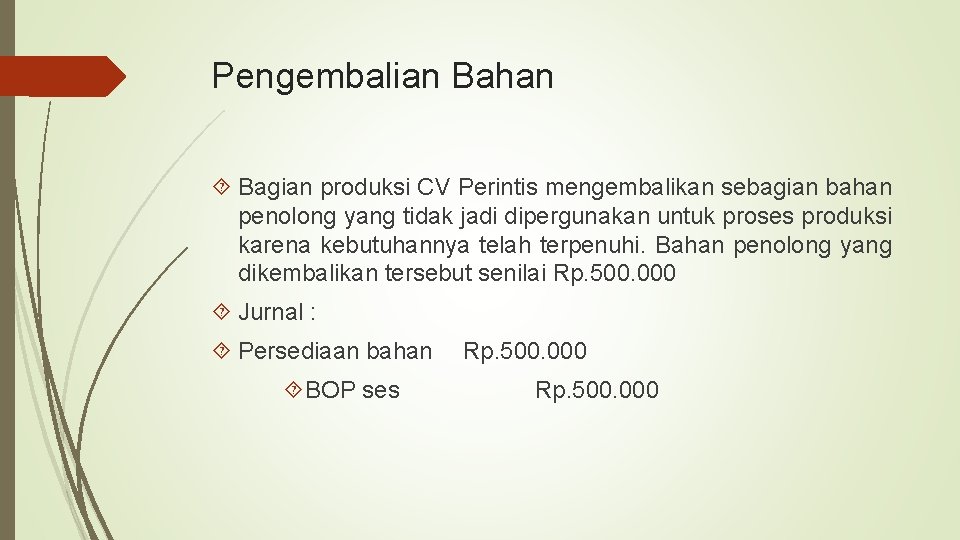 Pengembalian Bahan Bagian produksi CV Perintis mengembalikan sebagian bahan penolong yang tidak jadi dipergunakan