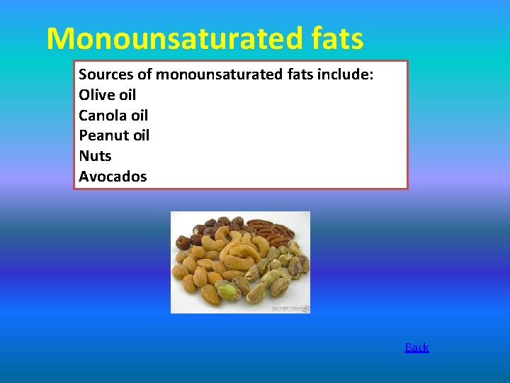 Monounsaturated fats Sources of monounsaturated fats include: Olive oil Canola oil Peanut oil Nuts