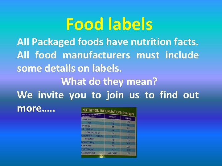 Food labels All Packaged foods have nutrition facts. All food manufacturers must include some