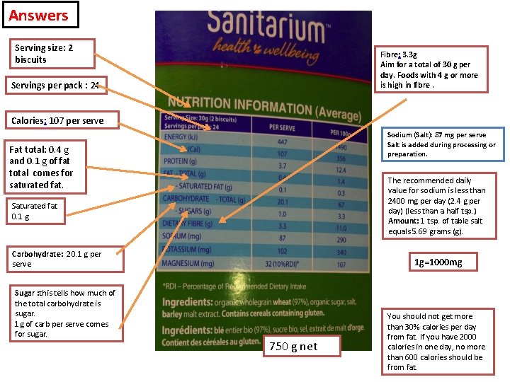 Answers Serving size: 2 biscuits Fibre: 3. 3 g Aim for a total of