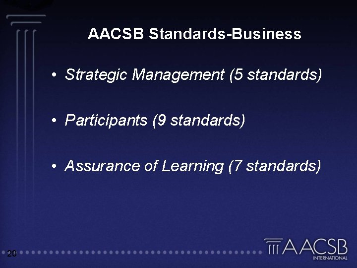 AACSB Standards-Business • Strategic Management (5 standards) • Participants (9 standards) • Assurance of