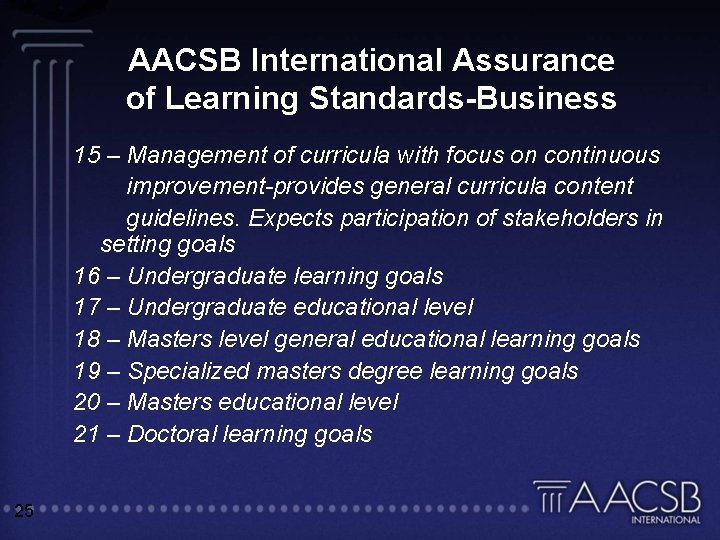 AACSB International Assurance of Learning Standards-Business 15 – Management of curricula with focus on