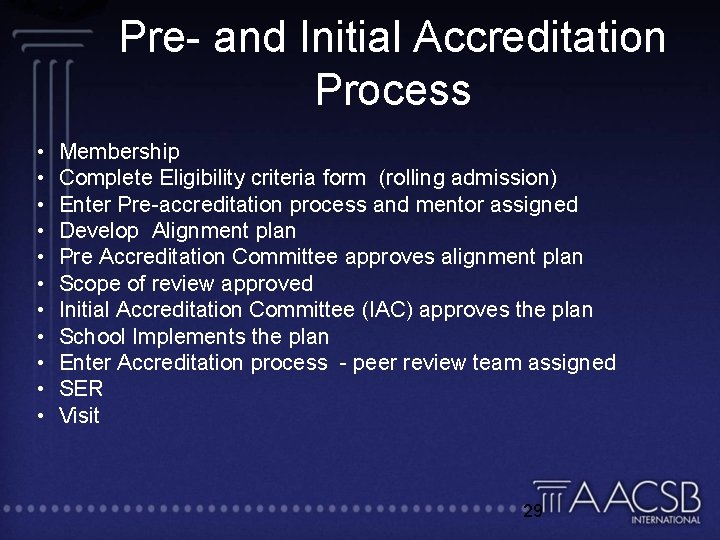 Pre- and Initial Accreditation Process • • • Membership Complete Eligibility criteria form (rolling