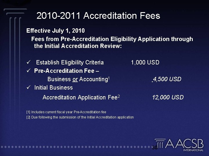 2010 -2011 Accreditation Fees Effective July 1, 2010 Fees from Pre-Accreditation Eligibility Application through