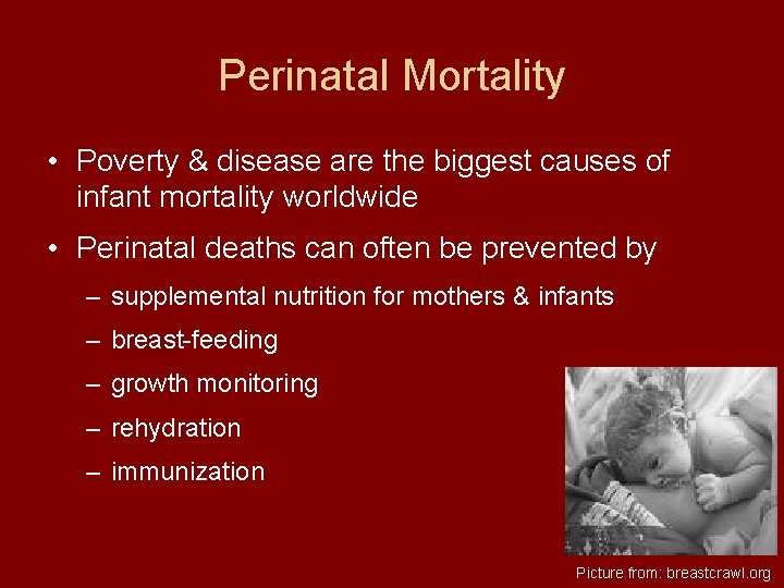 Perinatal Mortality • Poverty & disease are the biggest causes of infant mortality worldwide