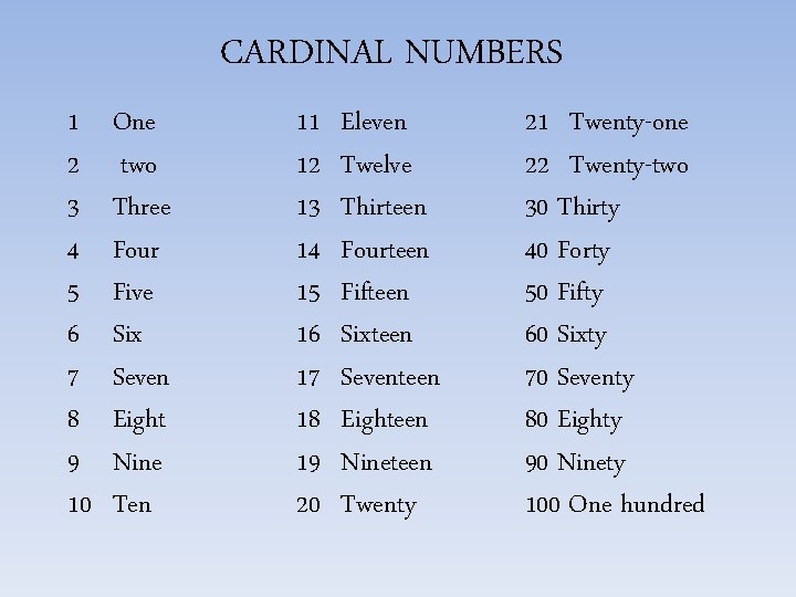 CARDINAL NUMBERS 1 2 3 4 5 6 7 8 9 10 One two