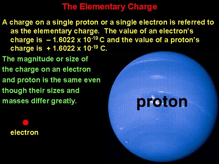 The Elementary Charge A charge on a single proton or a single electron is