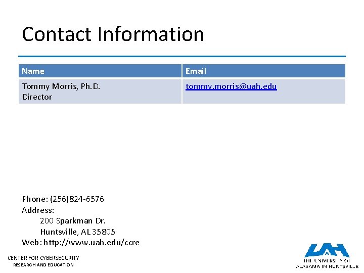 Contact Information Name Email Tommy Morris, Ph. D. Director tommy. morris@uah. edu Phone: (256)824