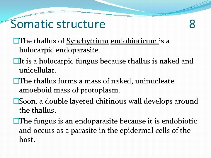 Somatic structure 8 �The thallus of Synchytrium endobioticum is a holocarpic endoparasite. �It is