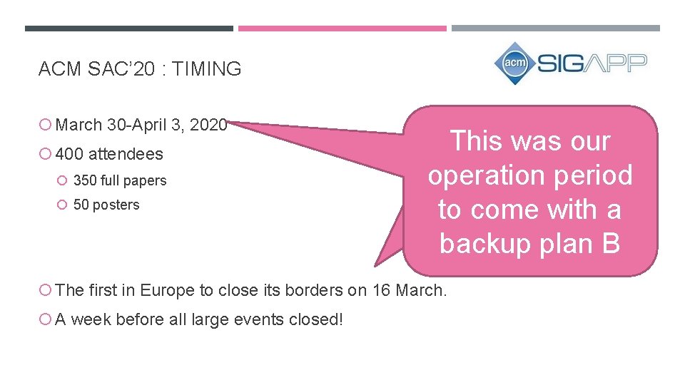 ACM SAC’ 20 : TIMING March 30 -April 3, 2020 400 attendees 350 full