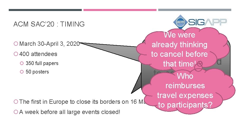 ACM SAC’ 20 : TIMING March 30 -April 3, 2020 400 attendees 350 full