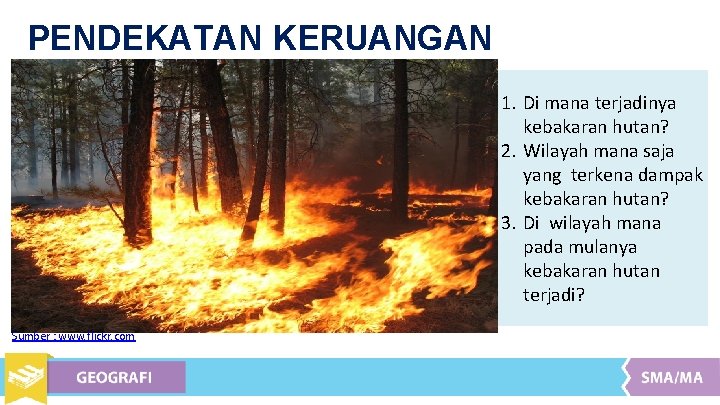 PENDEKATAN KERUANGAN 1. Di mana terjadinya kebakaran hutan? 2. Wilayah mana saja yang terkena