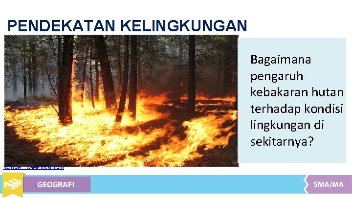 PENDEKATAN KELINGKUNGAN Bagaimana pengaruh kebakaran hutan terhadap kondisi lingkungan di sekitarnya? Sumber : www.