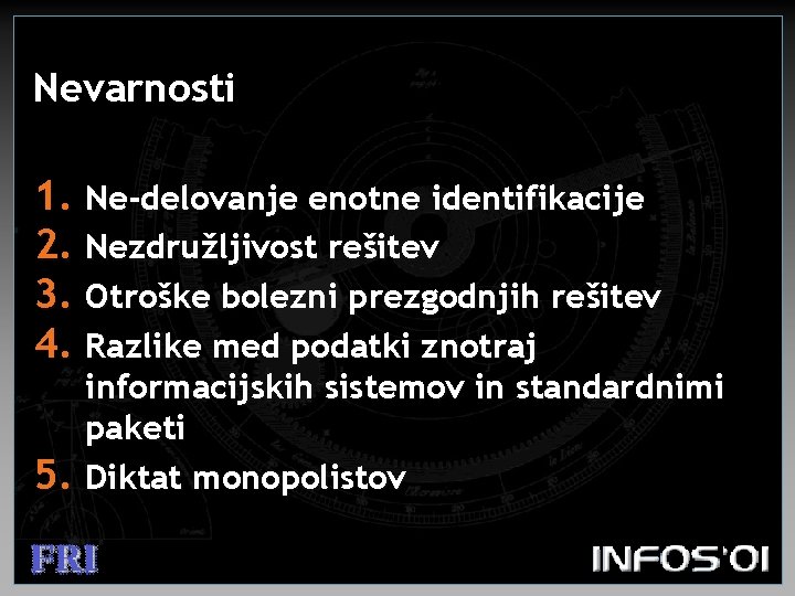 Nevarnosti 1. Ne-delovanje enotne identifikacije 2. Nezdružljivost rešitev 3. Otroške bolezni prezgodnjih rešitev 4.