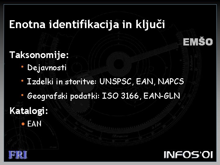 Enotna identifikacija in ključi Taksonomije: • Dejavnosti • Izdelki in storitve: UNSPSC, EAN, NAPCS