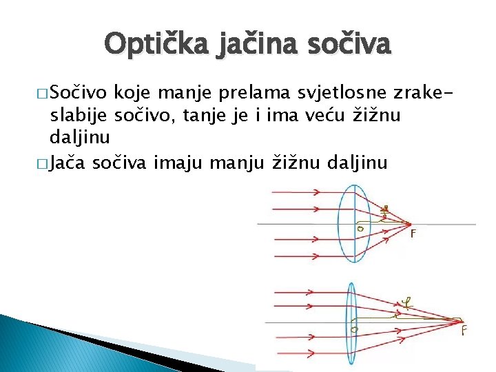 Optička jačina sočiva � Sočivo koje manje prelama svjetlosne zrakeslabije sočivo, tanje je i