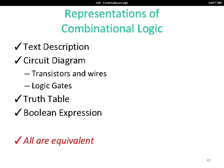L 25: Combinational Logic CMPT 295 Representations of Combinational Logic ✓Text Description ✓Circuit Diagram