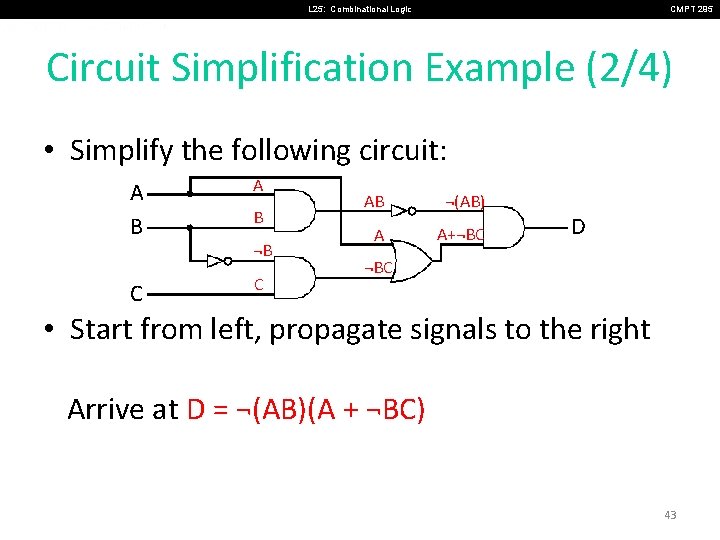 L 25: Combinational Logic CMPT 295 Circuit Simplification Example (2/4) • Simplify the following