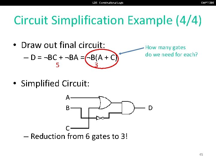 L 25: Combinational Logic CMPT 295 Circuit Simplification Example (4/4) • Draw out final