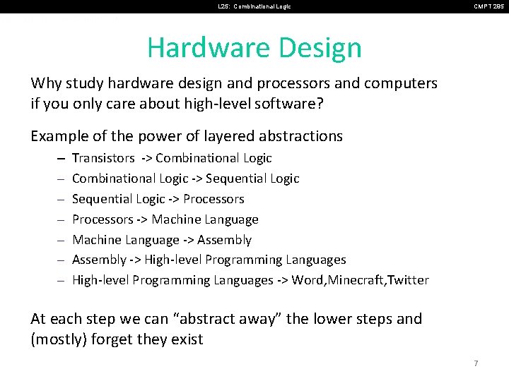 L 25: Combinational Logic CMPT 295 Hardware Design Why study hardware design and processors