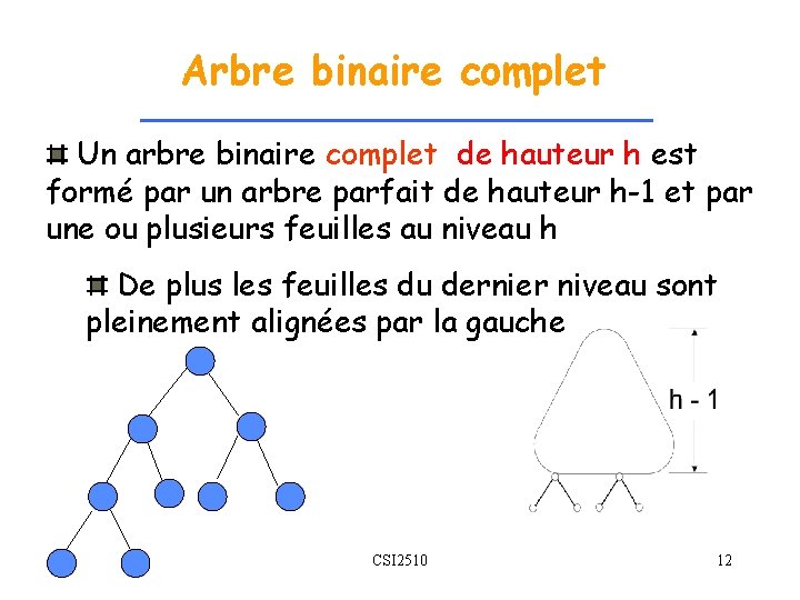 Arbre binaire complet Un arbre binaire complet de hauteur h est formé par un