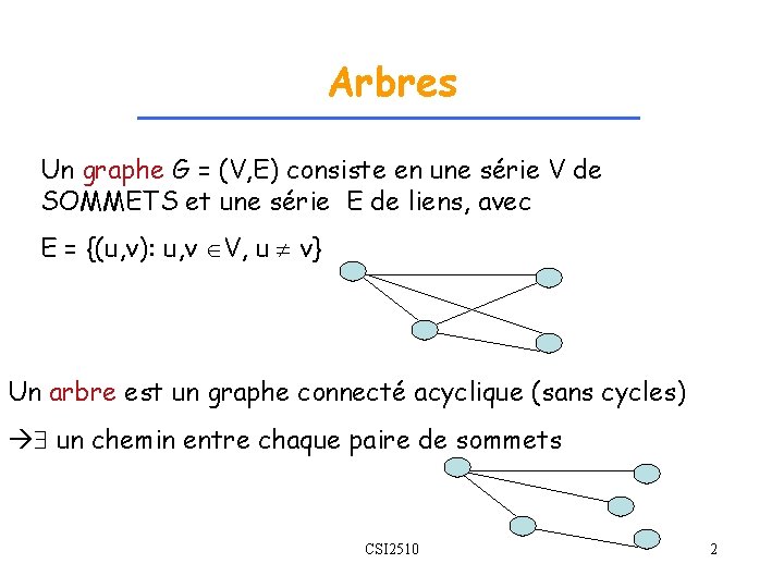 Arbres Un graphe G = (V, E) consiste en une série V de SOMMETS